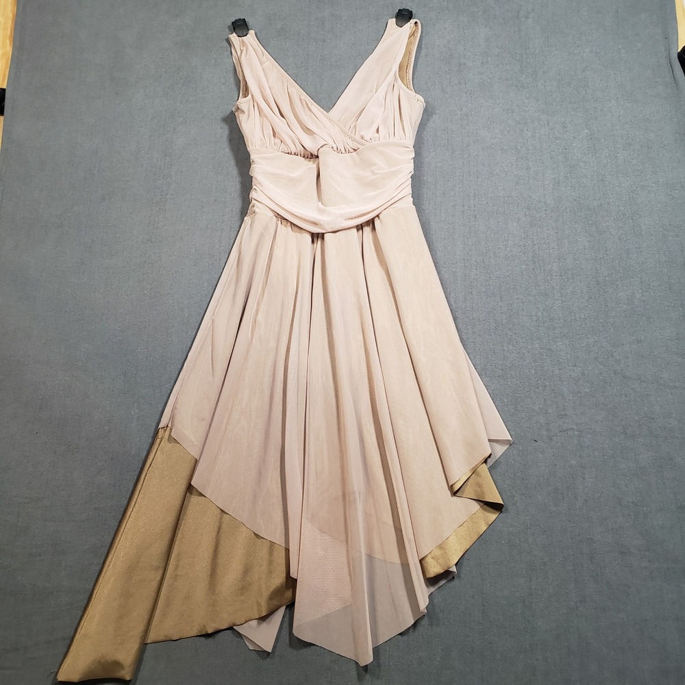 Curtain Call Lyrical Dance Dress Adult Medium Tan Gold Mesh Asymmetrical P736